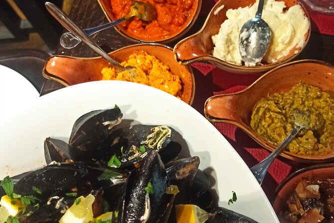 3 Hour Kotor Food Tour - Rick Steves' Recommended - Sauces, bread, mussels, and white wine at St. Tryphon Square